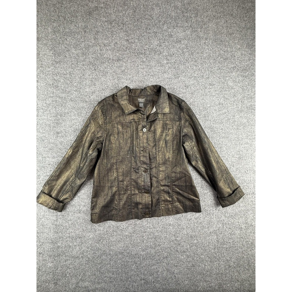Additions By Chico's Jacket Womens 2 Gold Metallic Striped Button Front Twill